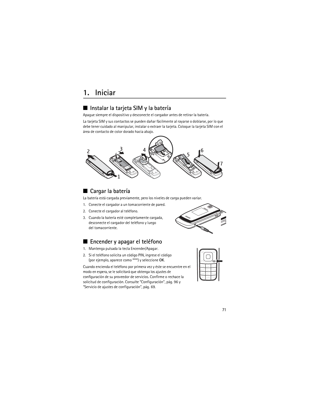 Nokia 3610 manual Iniciar, Instalar la tarjeta SIM y la batería, Cargar la batería, Encender y apagar el teléfono 