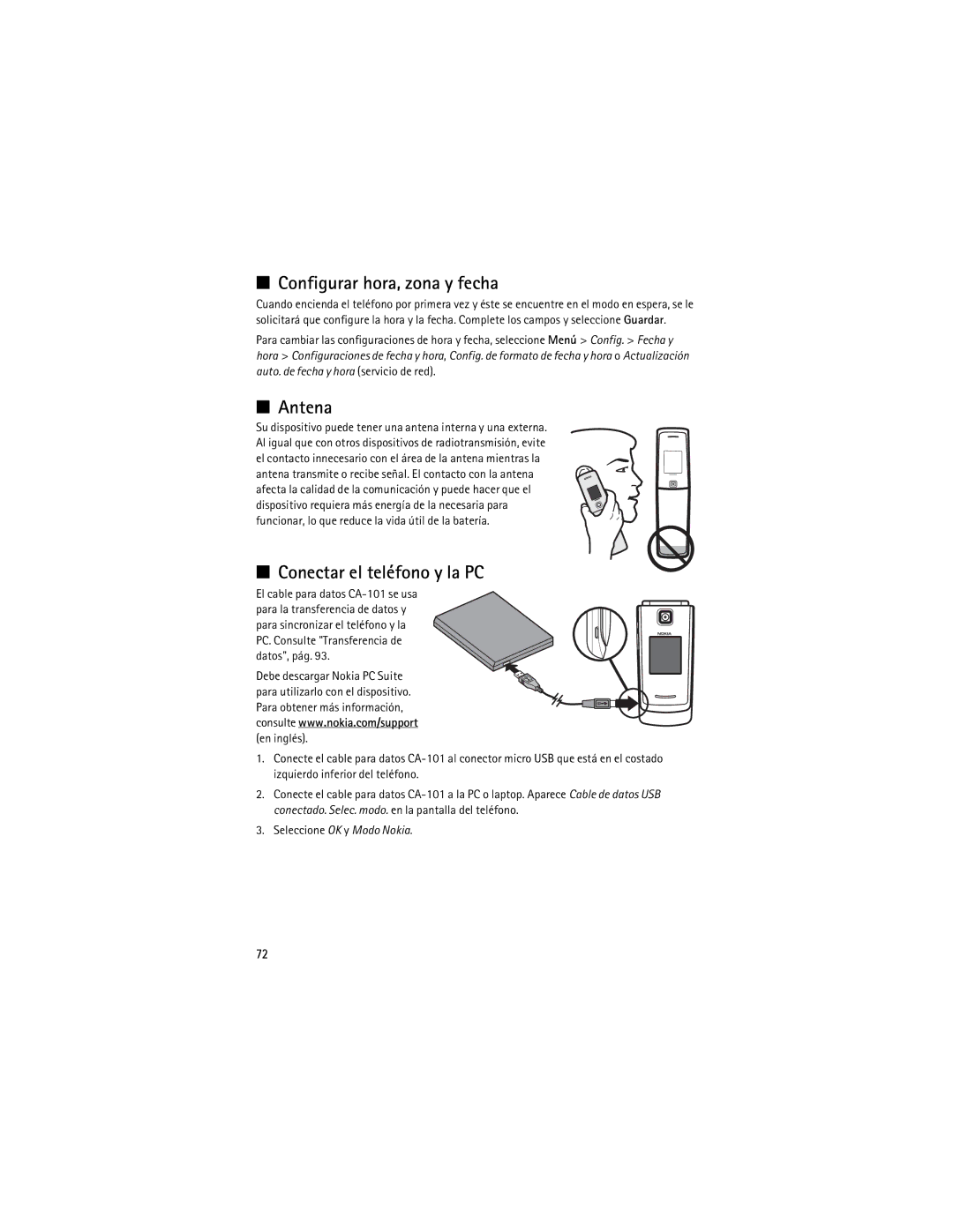 Nokia 3610 manual Configurar hora, zona y fecha, Antena, Conectar el teléfono y la PC 