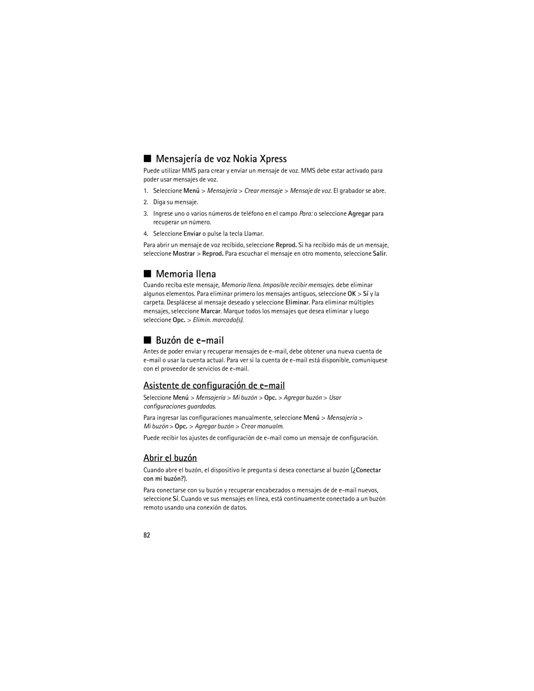 Nokia 3610 manual Mensajería de voz Nokia Xpress, Memoria llena, Buzón de e-mail, Asistente de configuración de e-mail 
