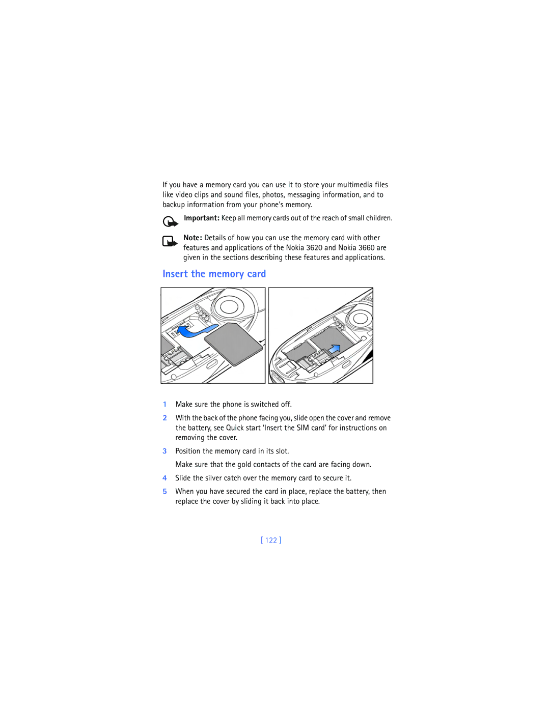 Nokia 3620 warranty Insert the memory card, 122 