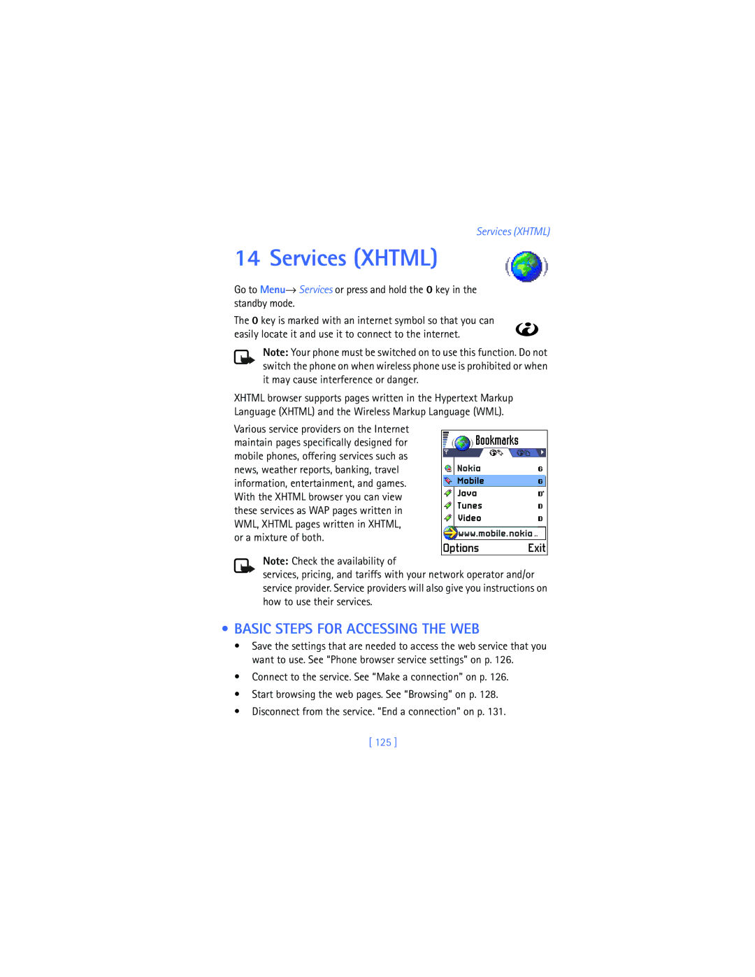 Nokia 3620 warranty Services Xhtml, Basic Steps for Accessing the WEB, 125 