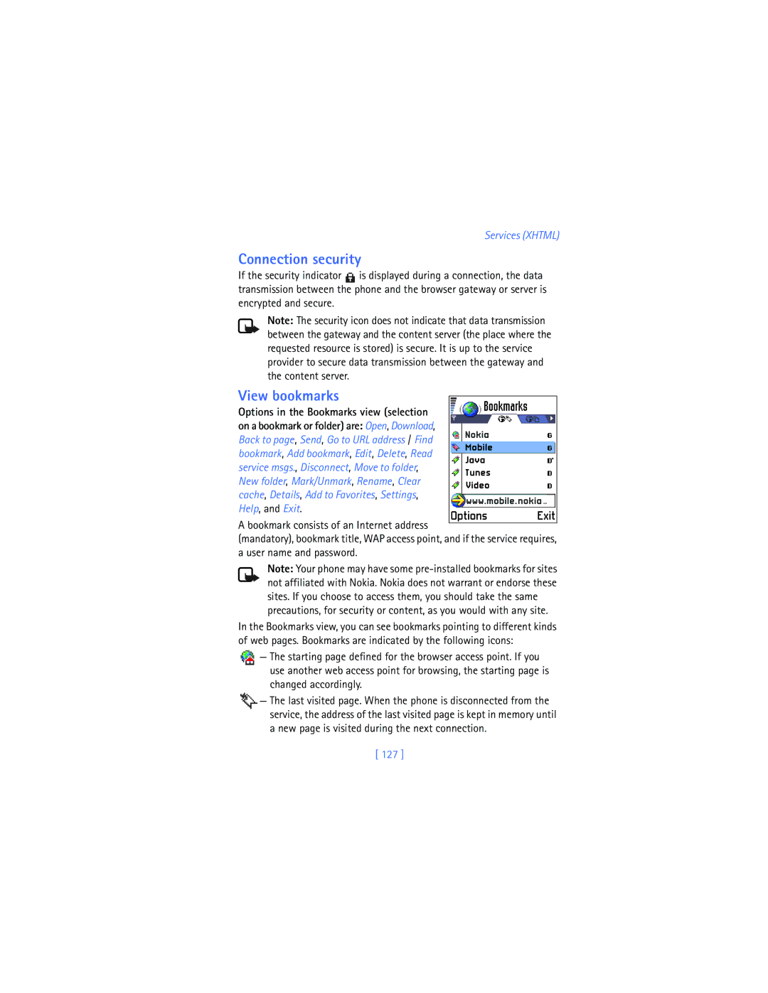 Nokia 3620 warranty Connection security, View bookmarks, Options in the Bookmarks view selection, 127 