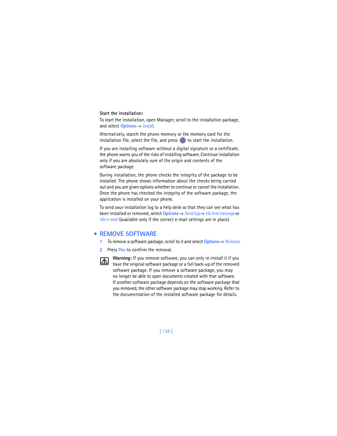 Nokia 3620 warranty Remove Software, Start the installation, Press Yes to confirm the removal, 138 