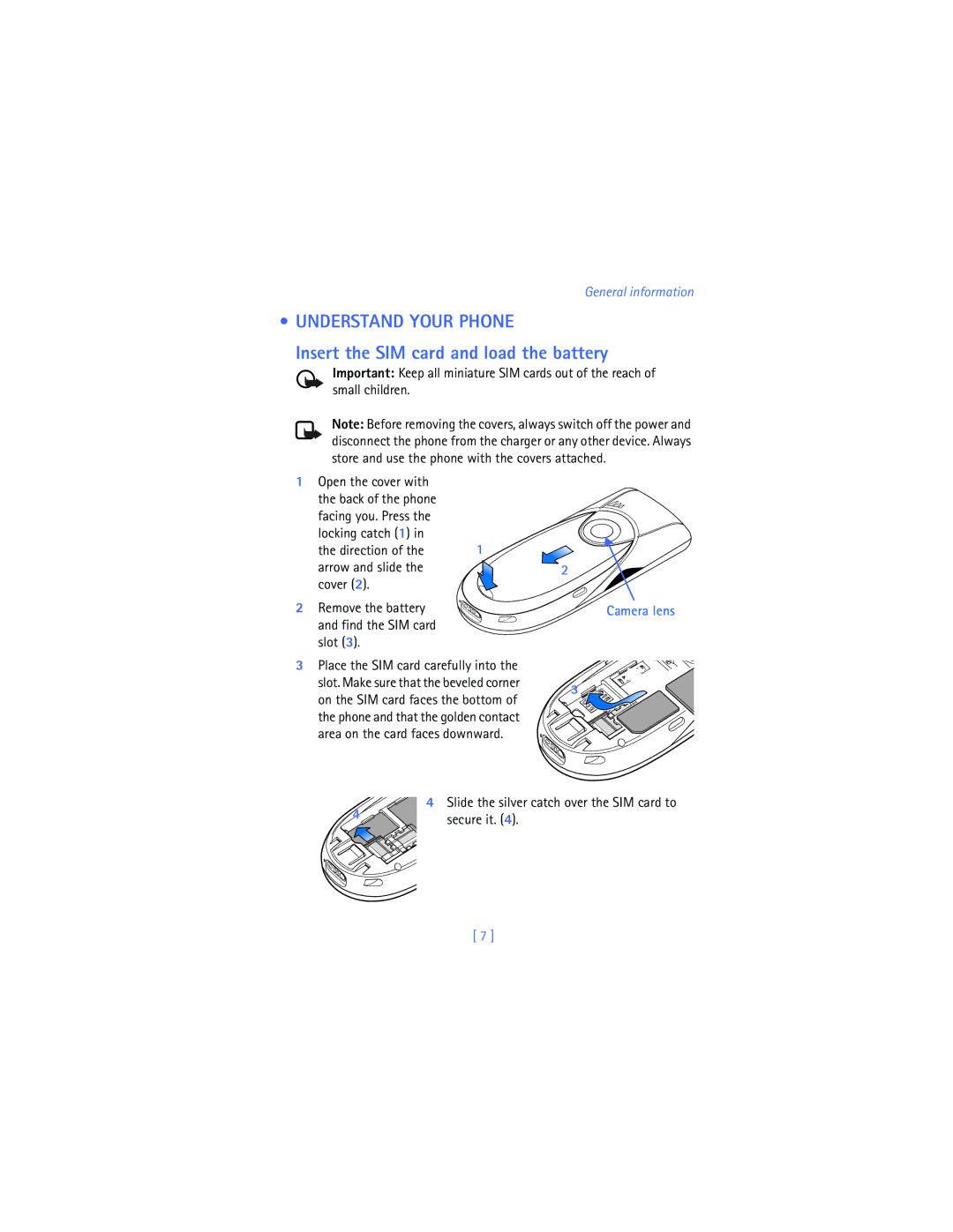 Nokia 3620 warranty Understand Your Phone, Insert the SIM card and load the battery 