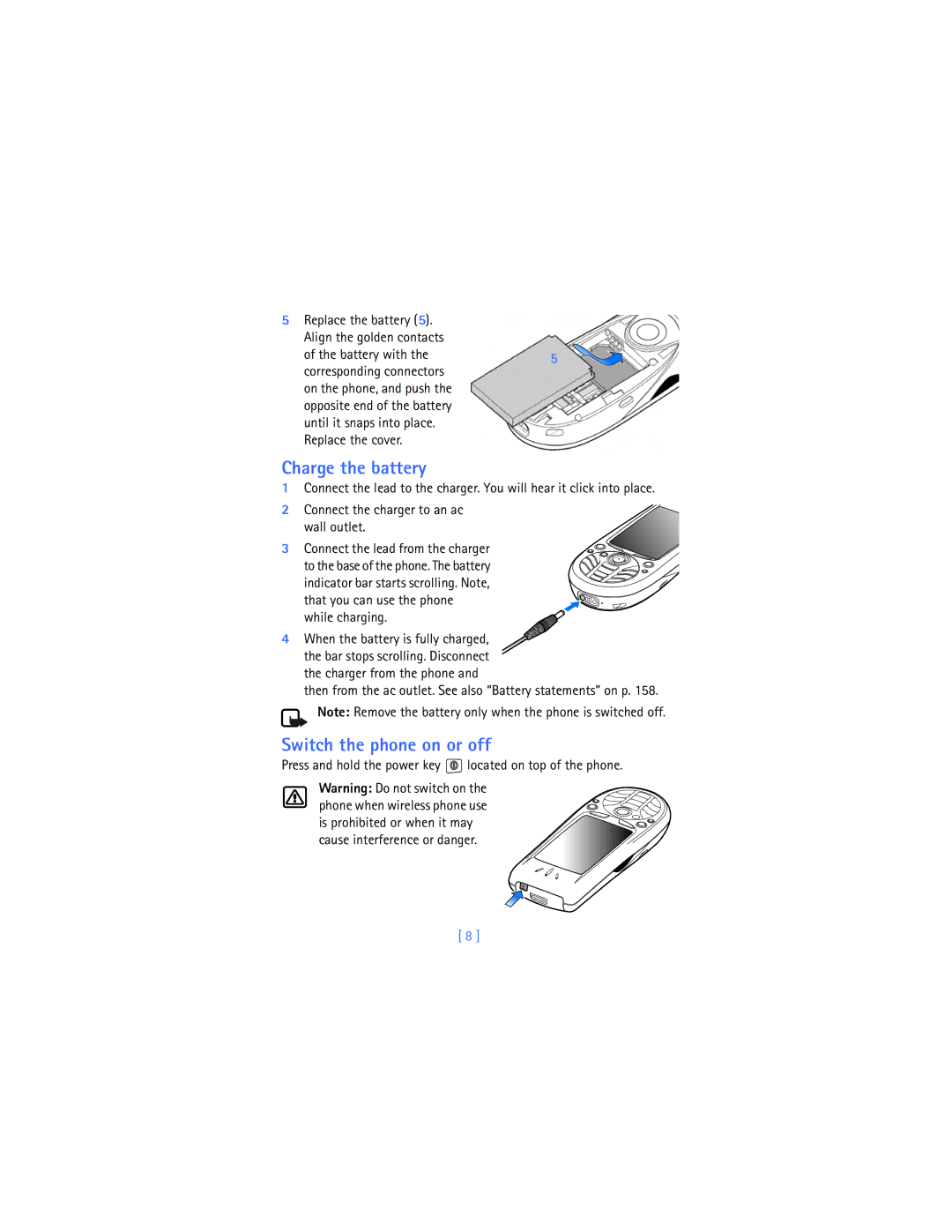 Nokia 3620 Charge the battery, Switch the phone on or off, Replace the battery Align the golden contacts Battery with 