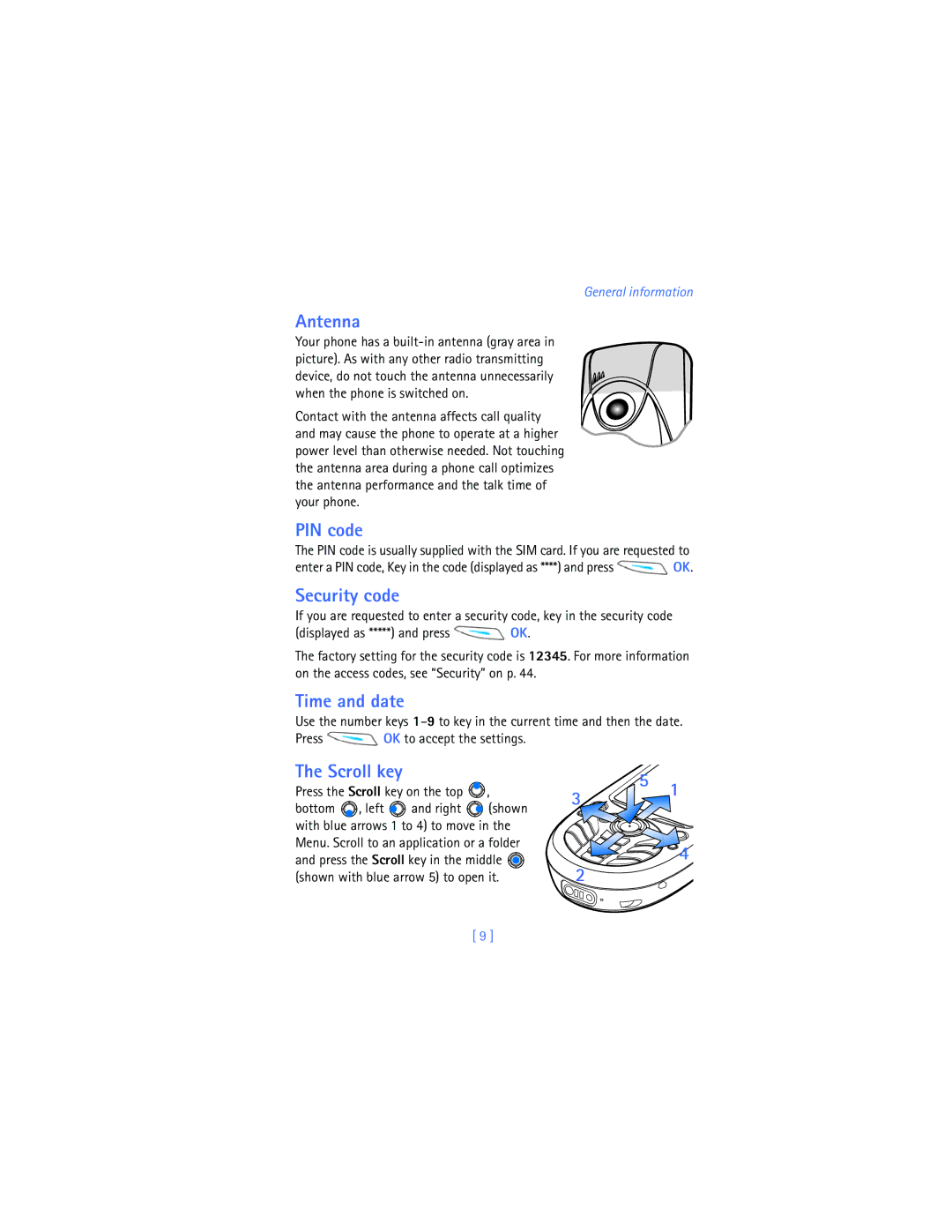 Nokia 3620 warranty Antenna, PIN code, Security code, Time and date, Scroll key 