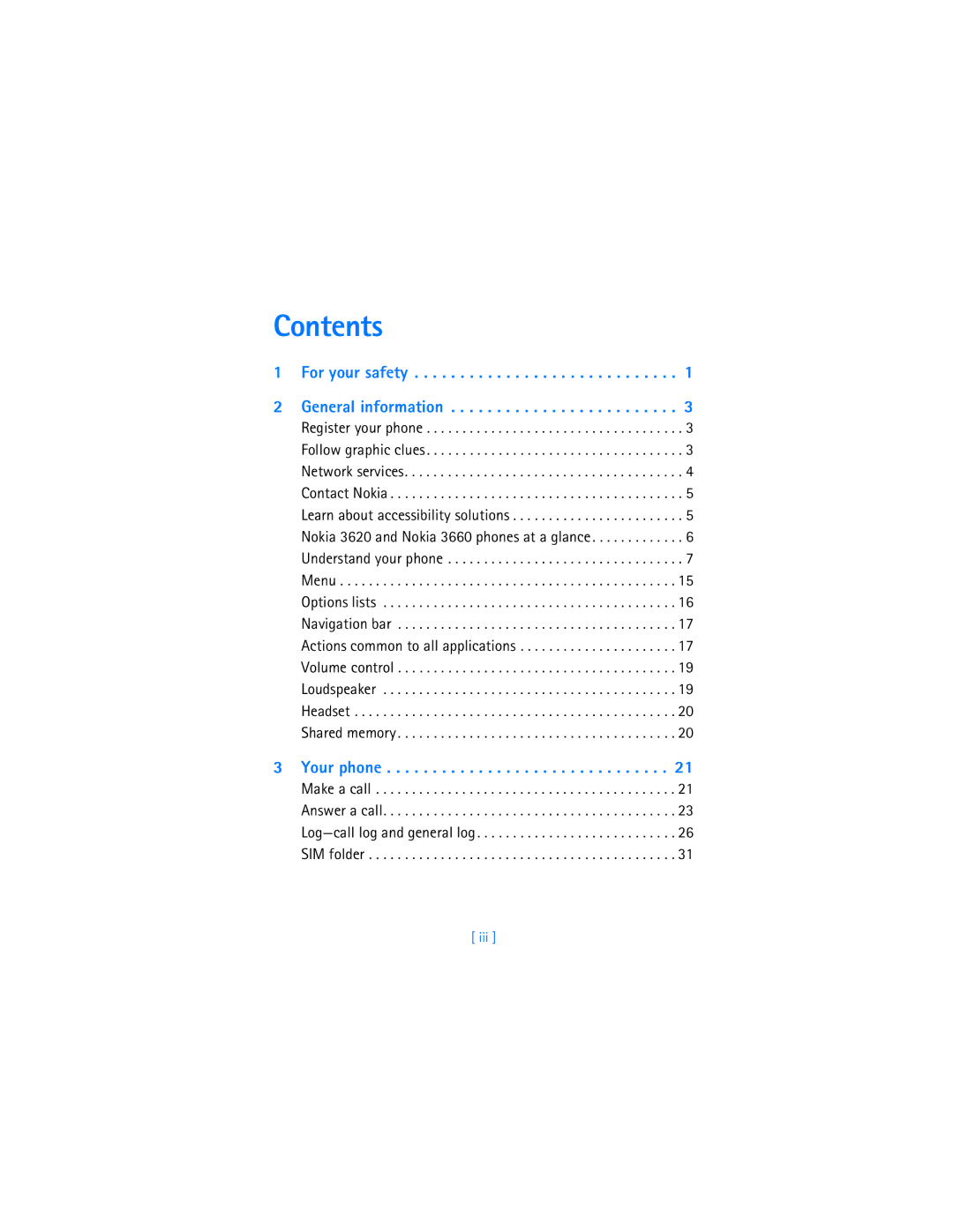 Nokia 3620 warranty Contents 