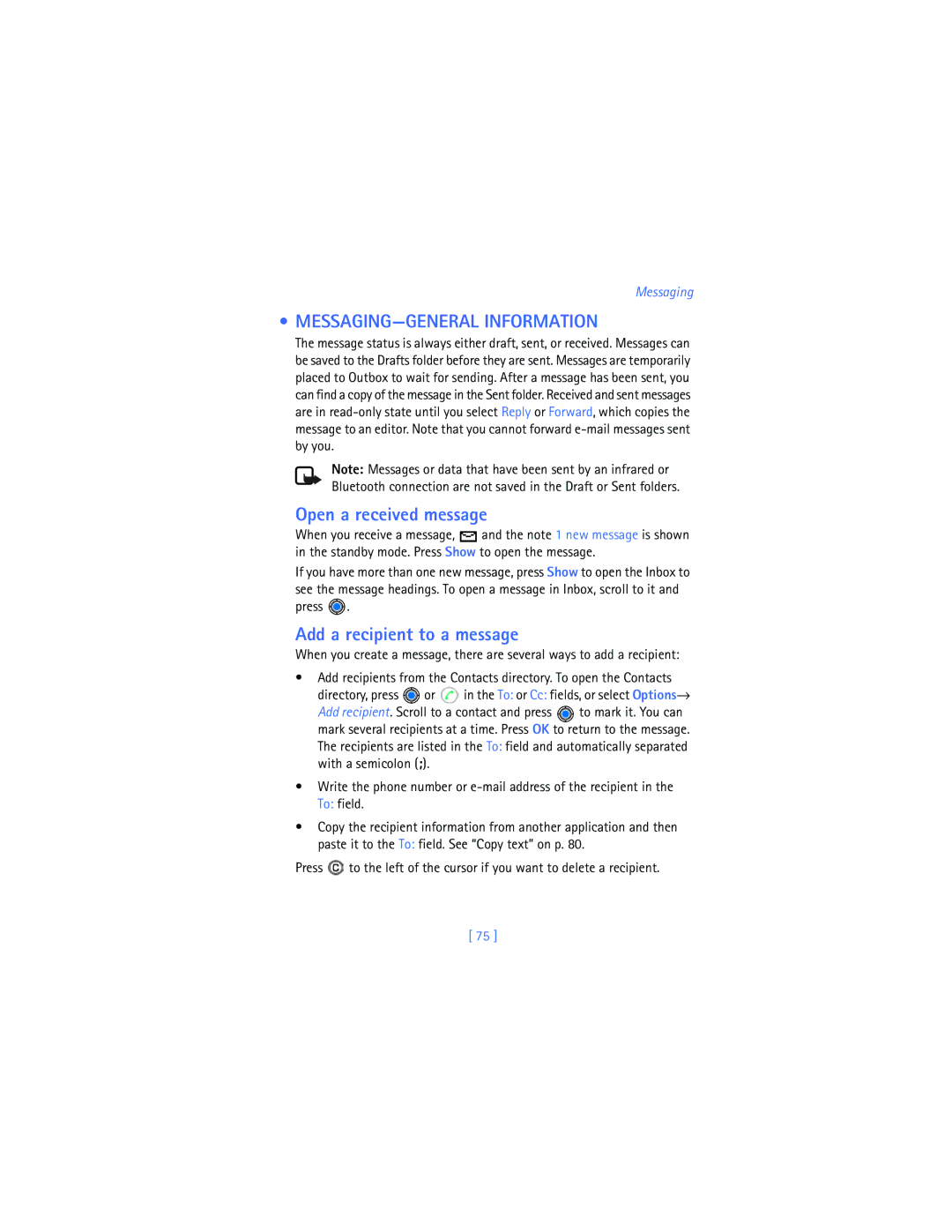 Nokia 3620 warranty MESSAGING-GENERAL Information, Open a received message, Add a recipient to a message 