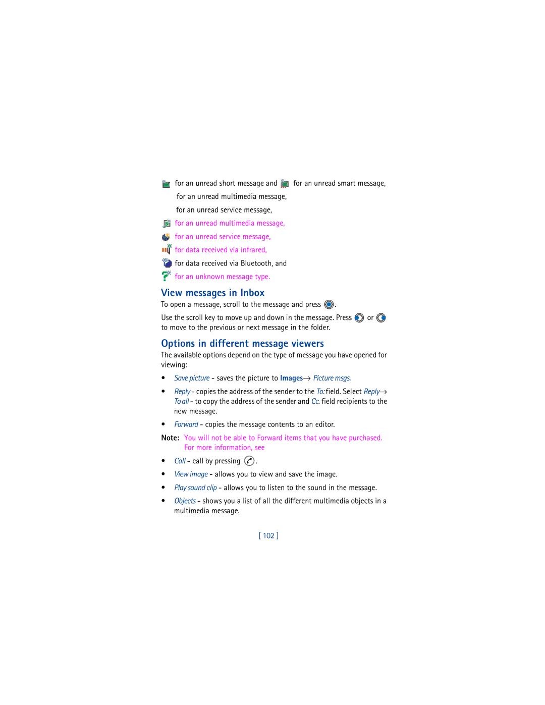Nokia 3650 manual View messages in Inbox, Options in different message viewers, 102 