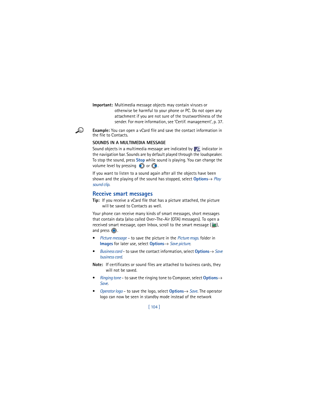 Nokia 3650 manual Receive smart messages, Sounds in a Multimedia Message, 104 