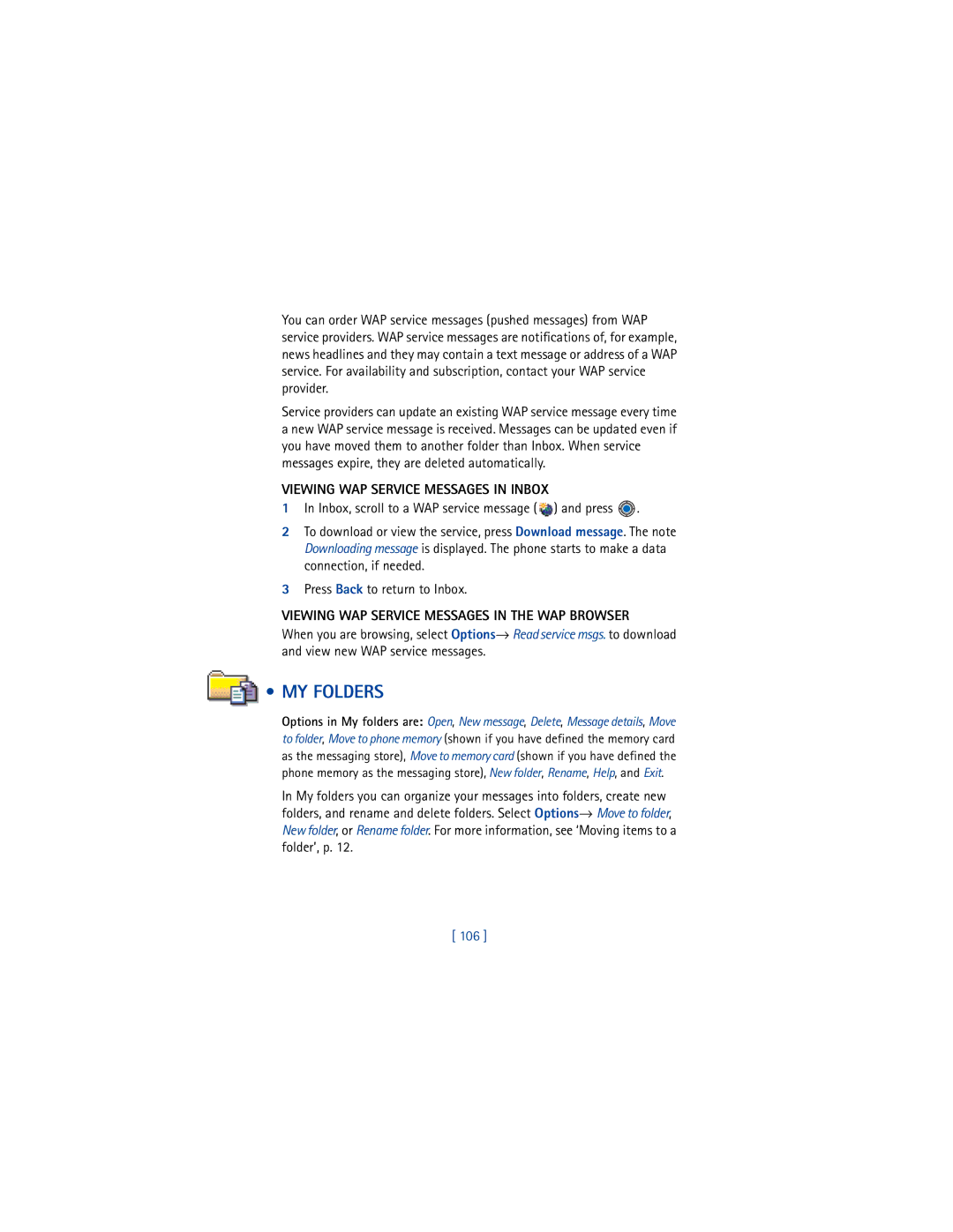 Nokia 3650 manual MY Folders, Viewing WAP Service Messages in Inbox, Viewing WAP Service Messages in the WAP Browser, 106 