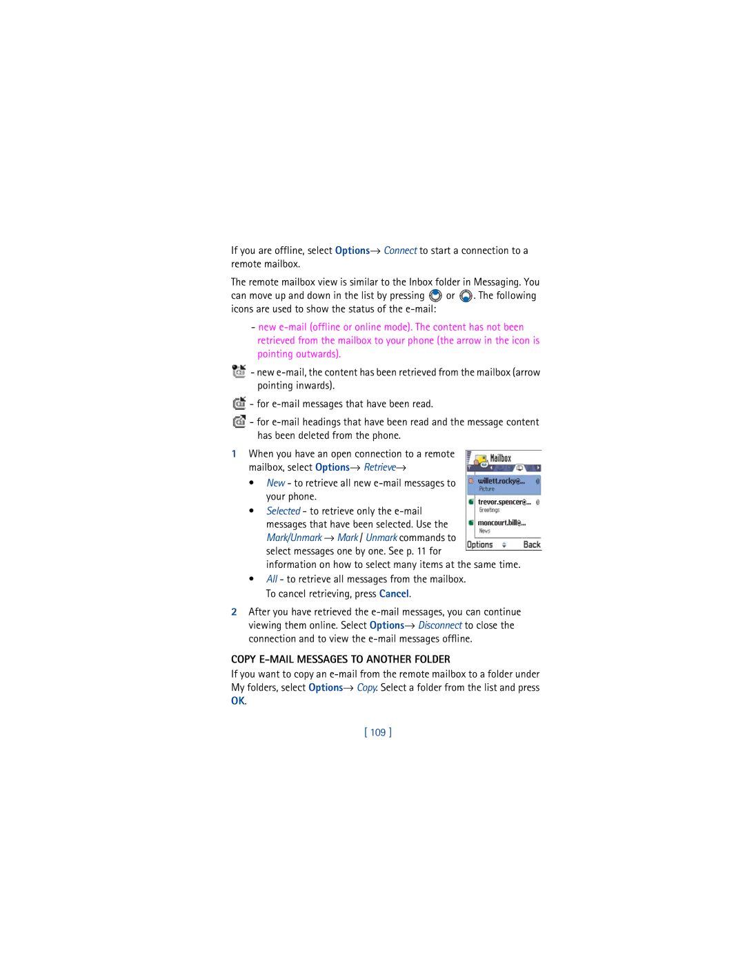 Nokia 3650 manual Copy E-MAIL Messages to Another Folder, 109 
