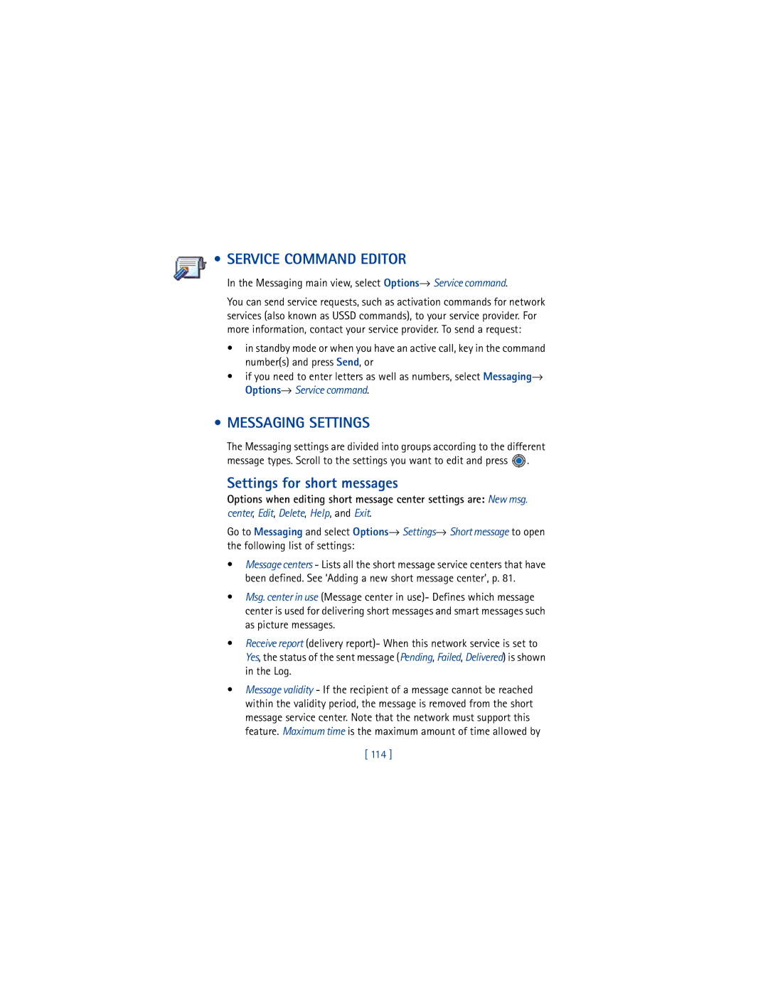 Nokia 3650 manual Service Command Editor, Messaging Settings, Settings for short messages, 114 