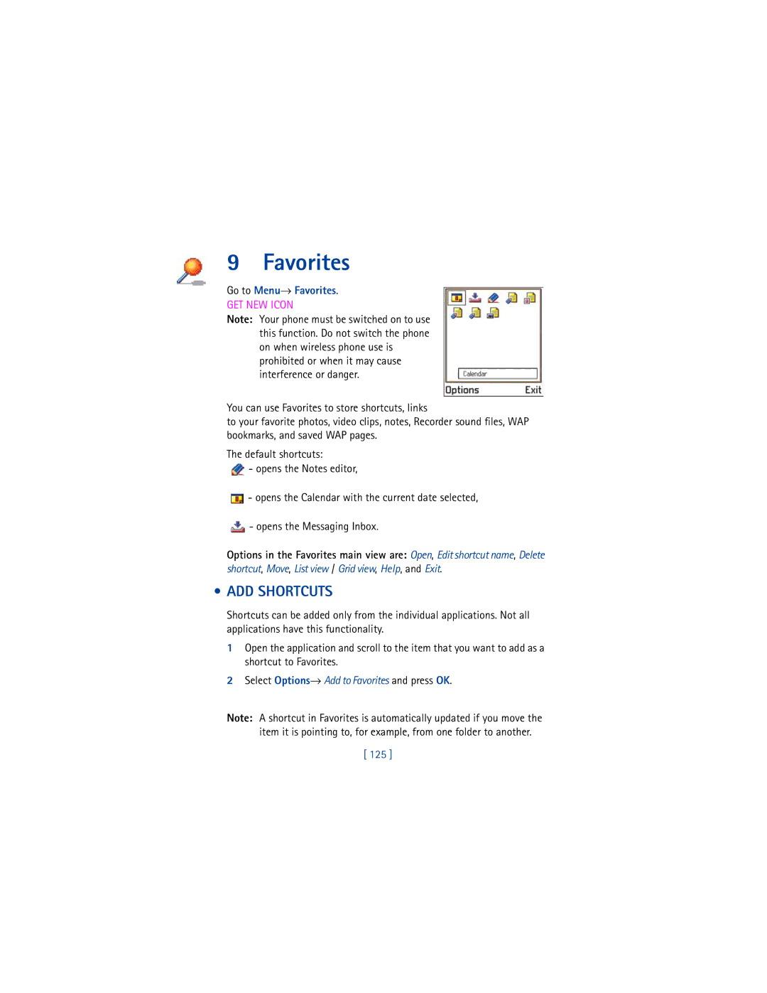Nokia 3650 manual ADD Shortcuts, Go to Menu→ Favorites, 125 