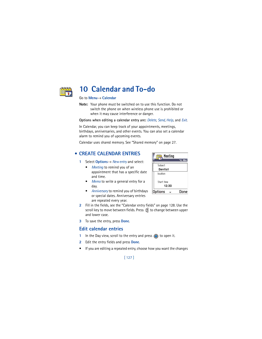 Nokia 3650 manual Calendar and To-do, Create Calendar Entries, Edit calendar entries, Go to Menu→ Calendar 