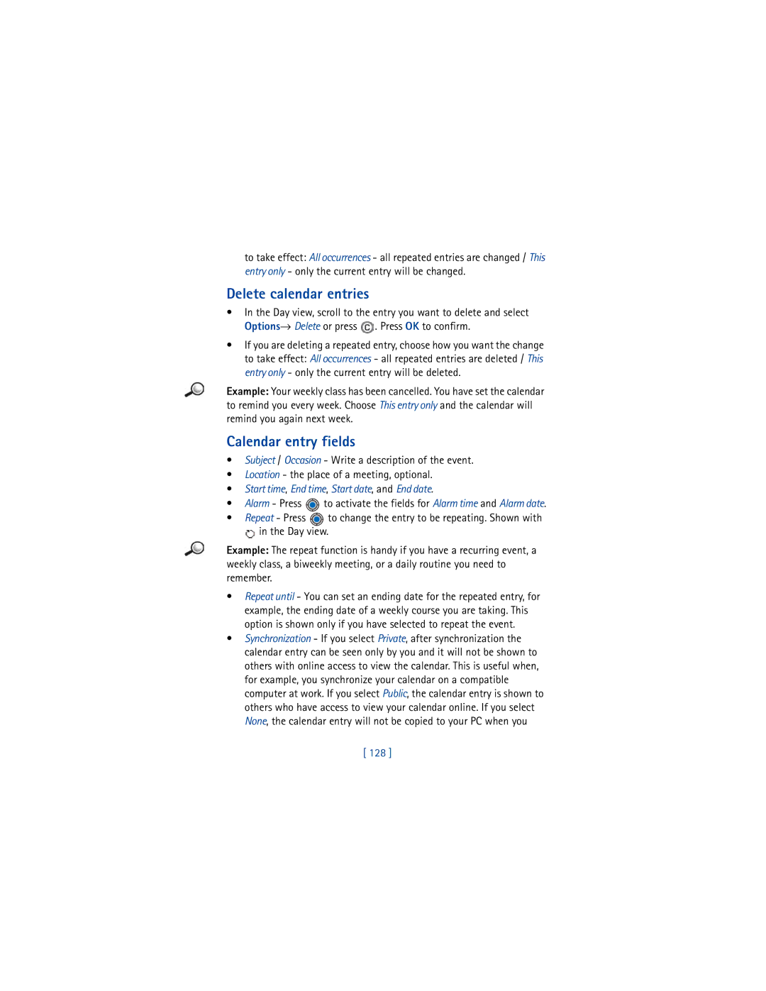 Nokia 3650 manual Delete calendar entries, Calendar entry fields, Start time, End time, Start date, and End date, 128 