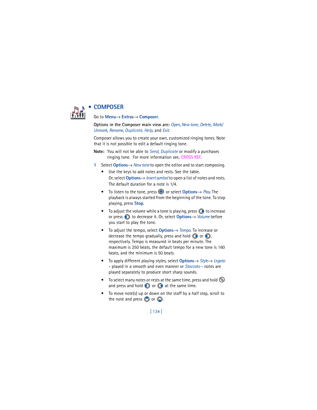 Nokia 3650 manual Go to Menu→ Extras→ Composer, You start to play the tone, 134 