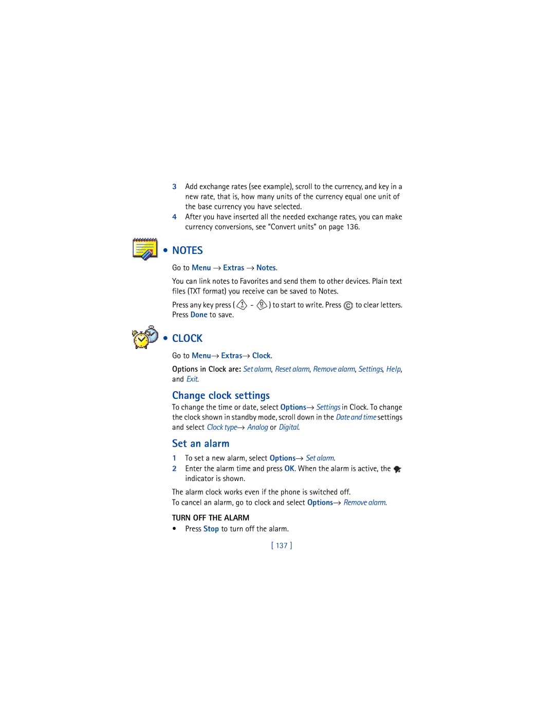 Nokia 3650 manual Clock, Change clock settings, Set an alarm, Turn OFF the Alarm 