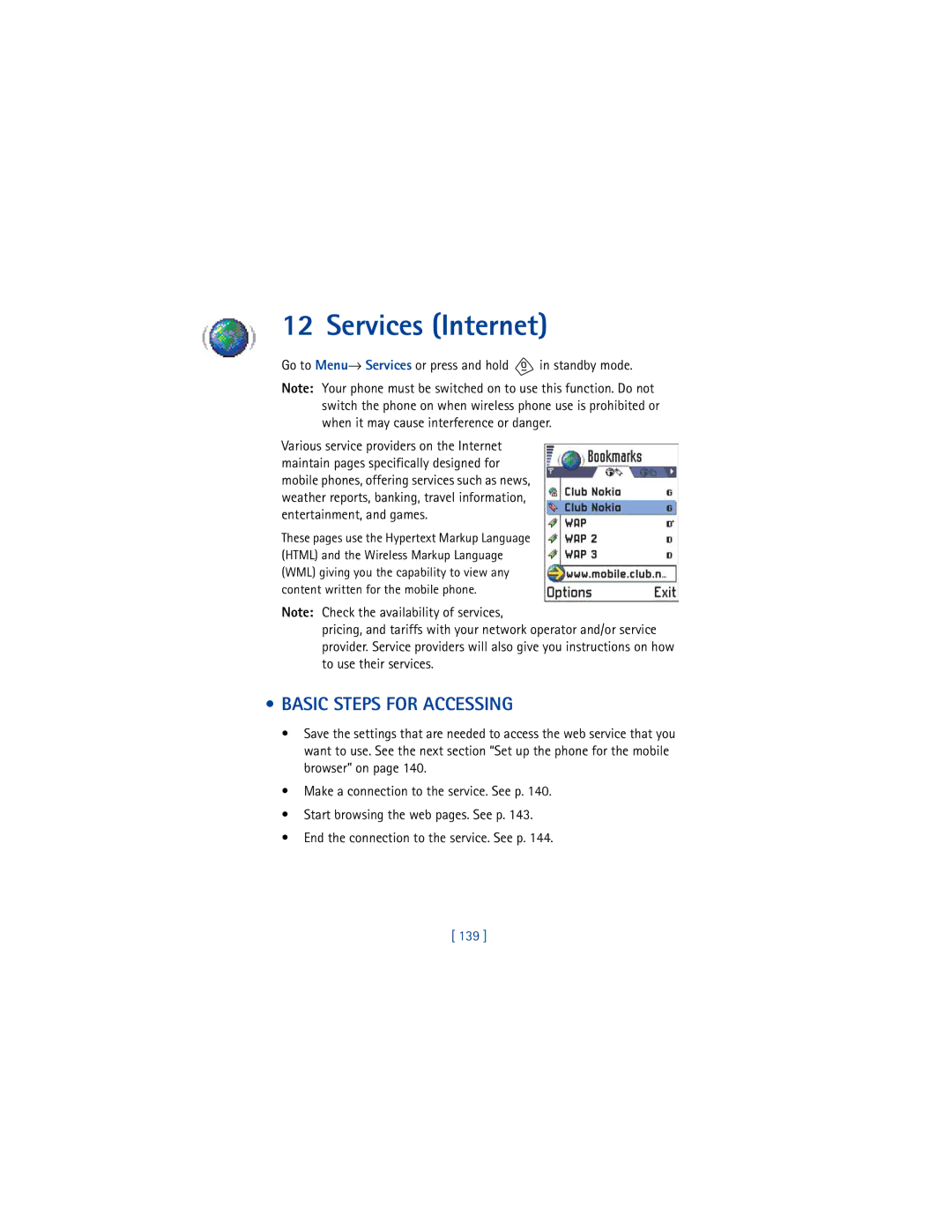 Nokia 3650 manual Services Internet, Basic Steps for Accessing, Go to Menu→ Services or press and hold in standby mode, 139 