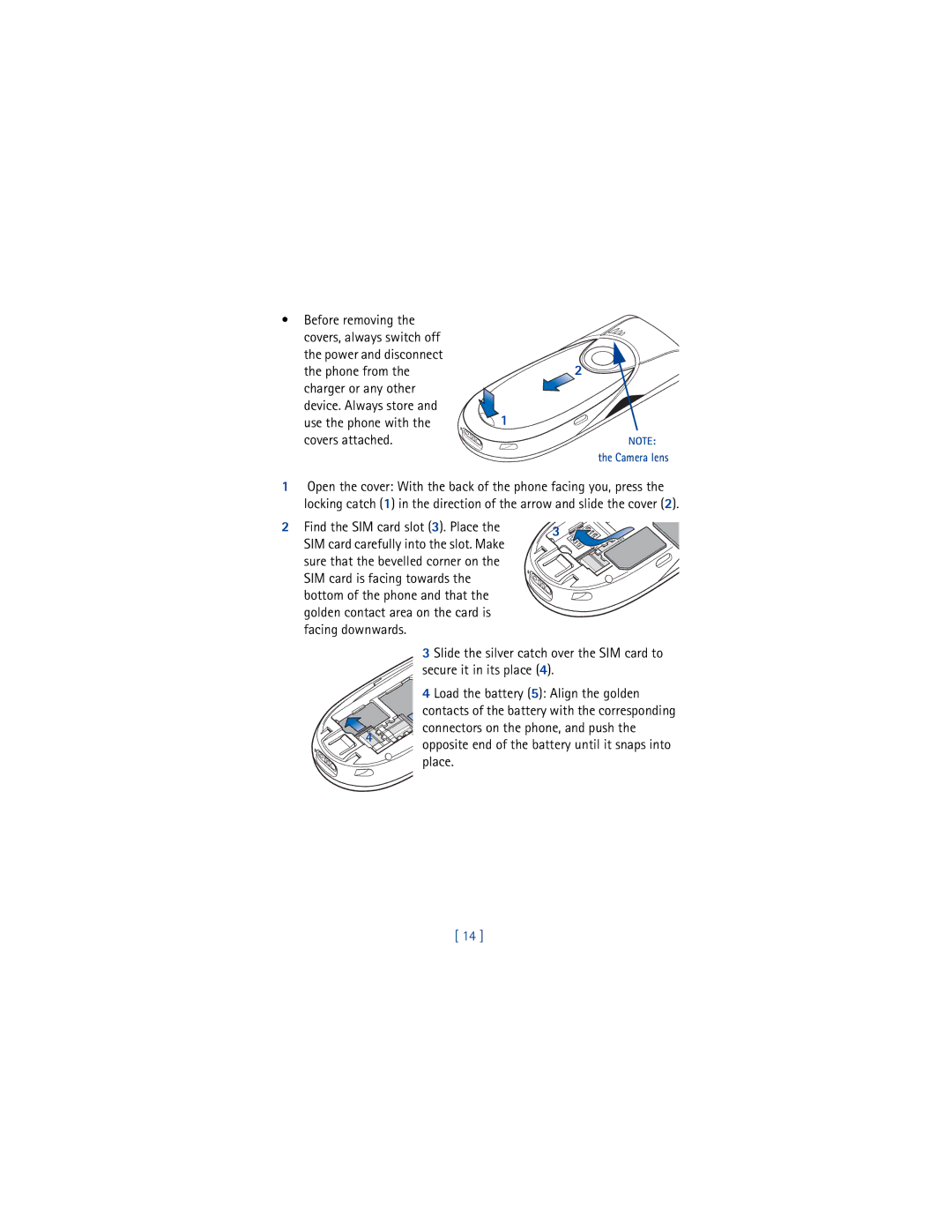 Nokia 3650 manual Find the SIM card slot 3. Place, Secure it in its place, Load the battery 5 Align the golden 