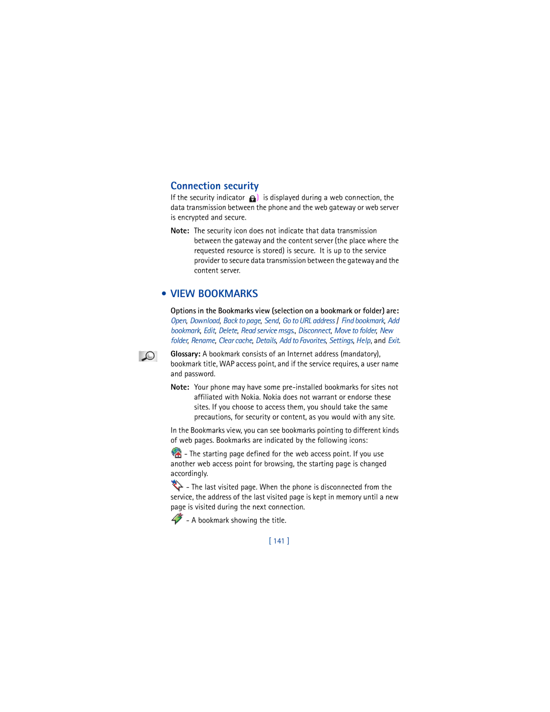 Nokia 3650 manual Connection security, View Bookmarks, 141 