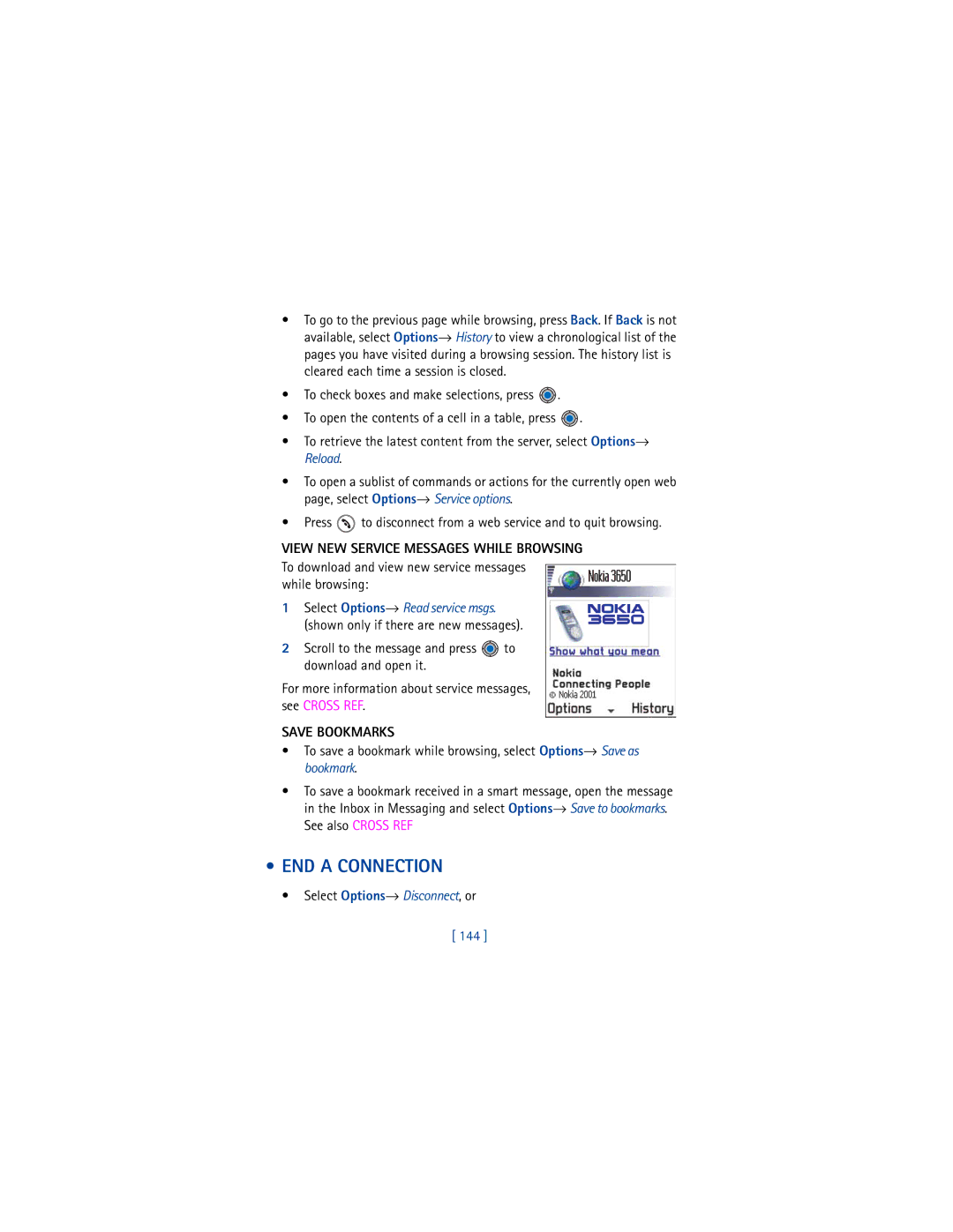 Nokia 3650 manual END a Connection, Page, select Options→ Service options, View NEW Service Messages While Browsing, 144 