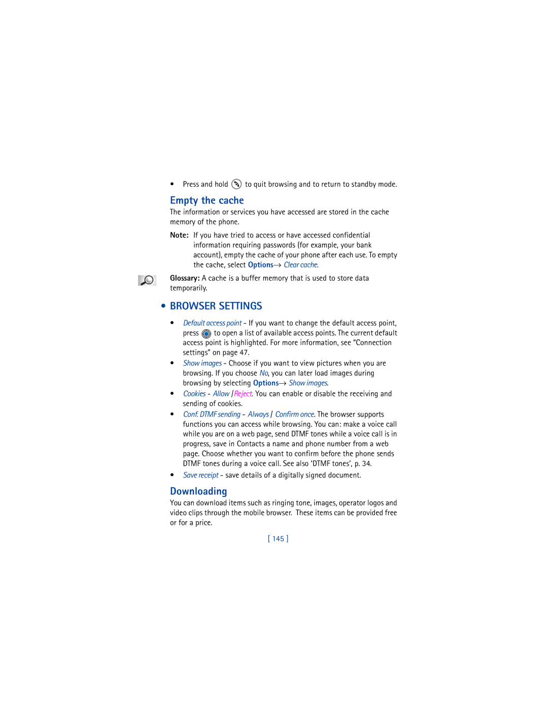 Nokia 3650 Empty the cache, Browser Settings, Downloading, Save receipt save details of a digitally signed document, 145 