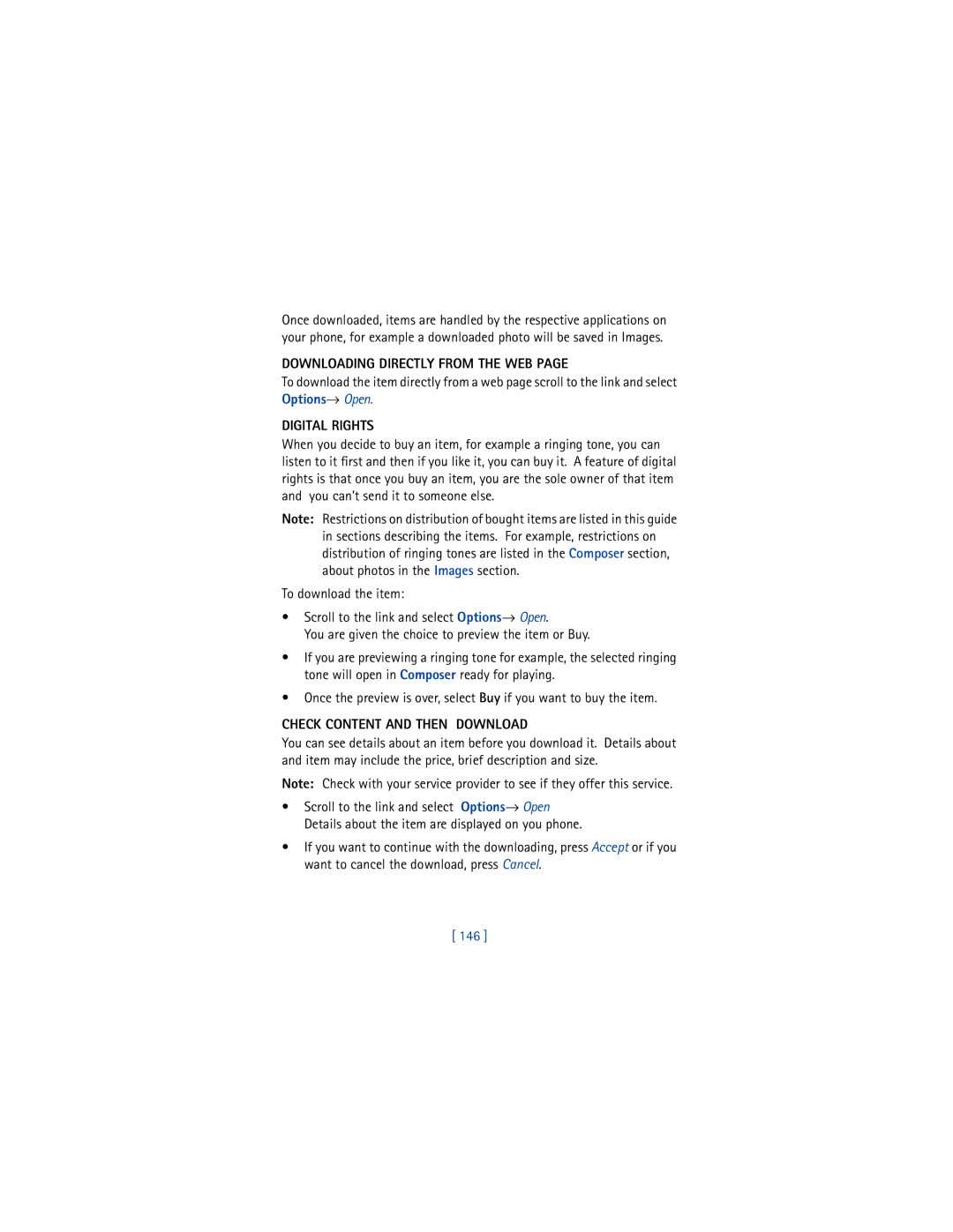 Nokia 3650 manual Downloading Directly from the WEB, Digital Rights, Check Content and then Download, 146 
