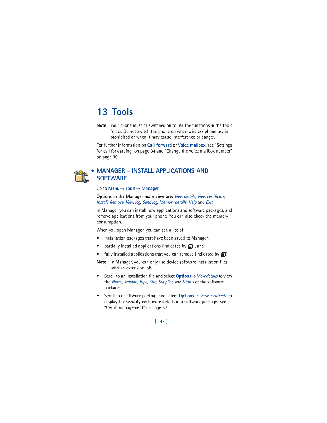 Nokia 3650 manual Manager Install Applications and Software, Go to Menu→ Tools→ Manager, 147 