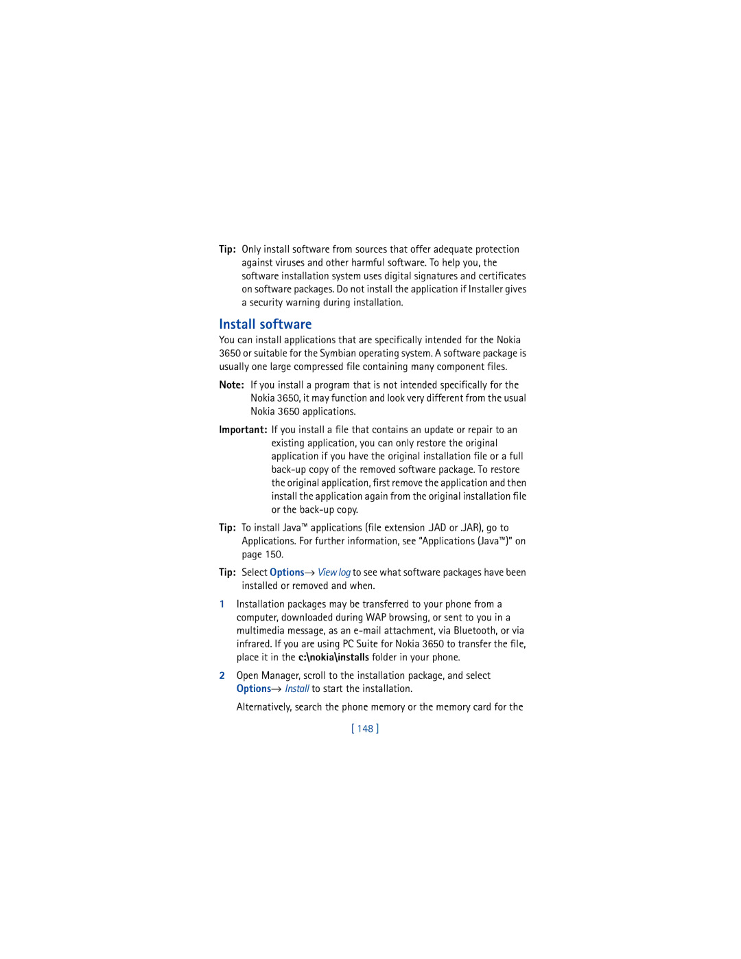 Nokia 3650 manual Install software, 148 