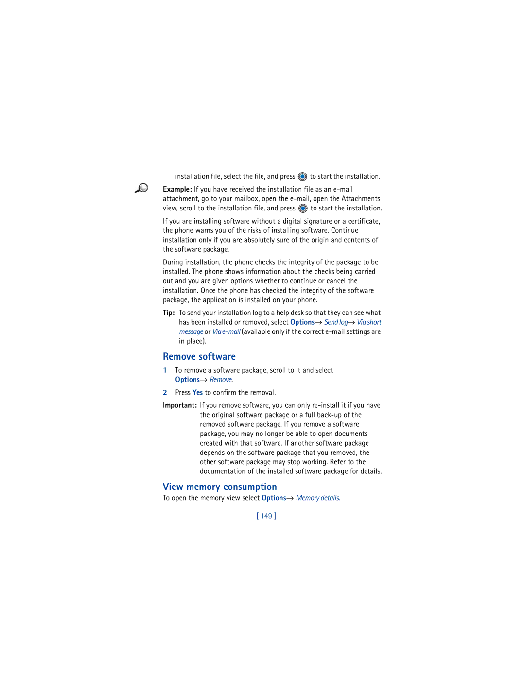 Nokia 3650 manual Remove software, View memory consumption, To open the memory view select Options→ Memory details, 149 