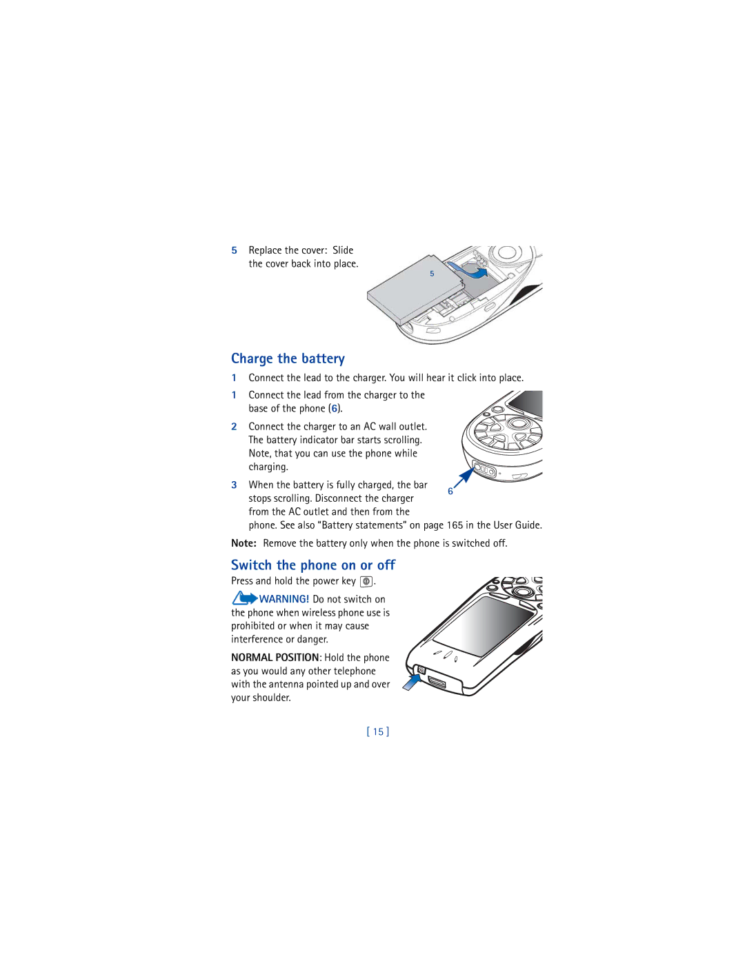 Nokia 3650 manual Charge the battery, Switch the phone on or off, Press and hold the power key 