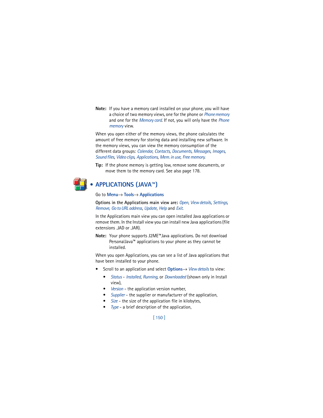 Nokia 3650 manual Applications Java, Go to Menu→ Tools→ Applications, 150 