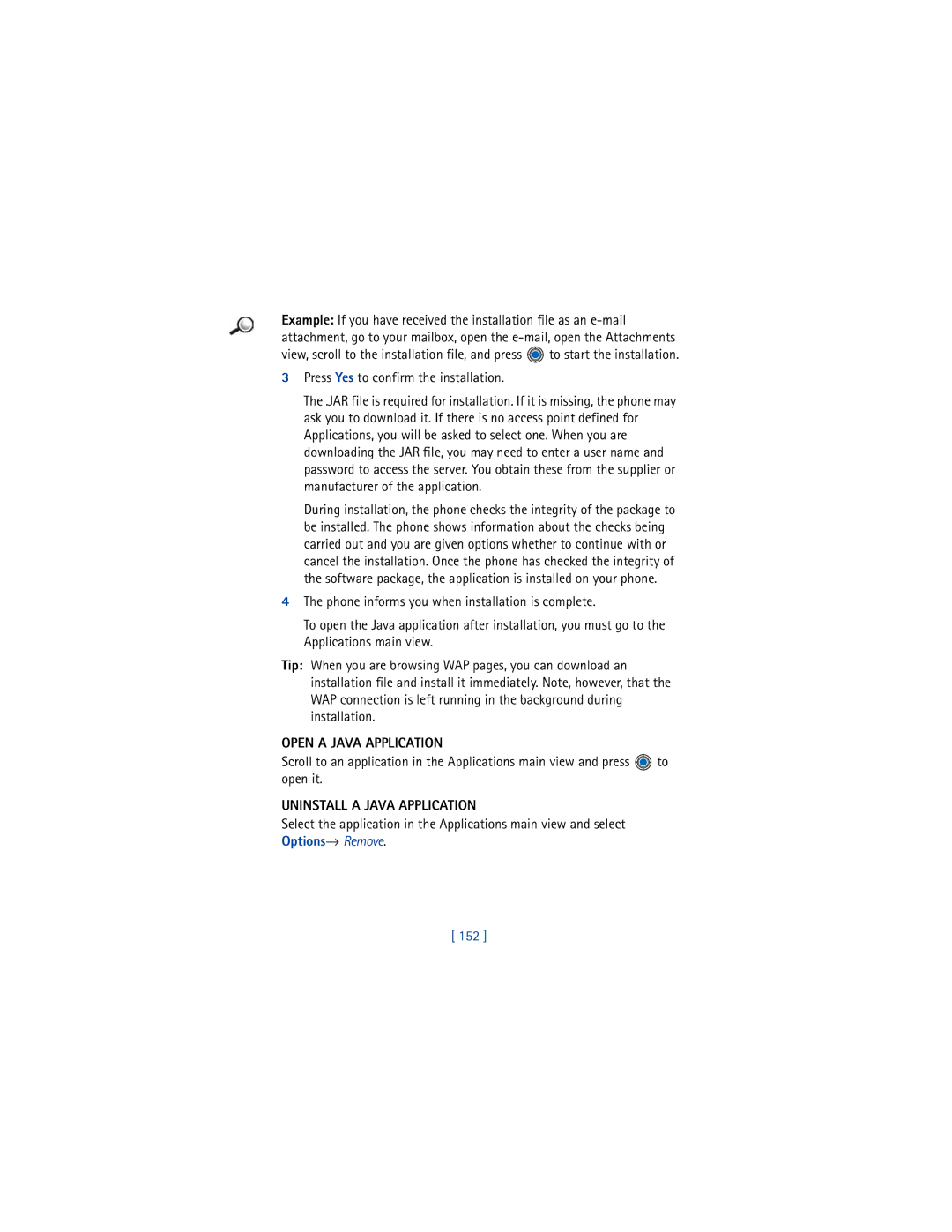 Nokia 3650 manual Open a Java Application, Uninstall a Java Application, 152 
