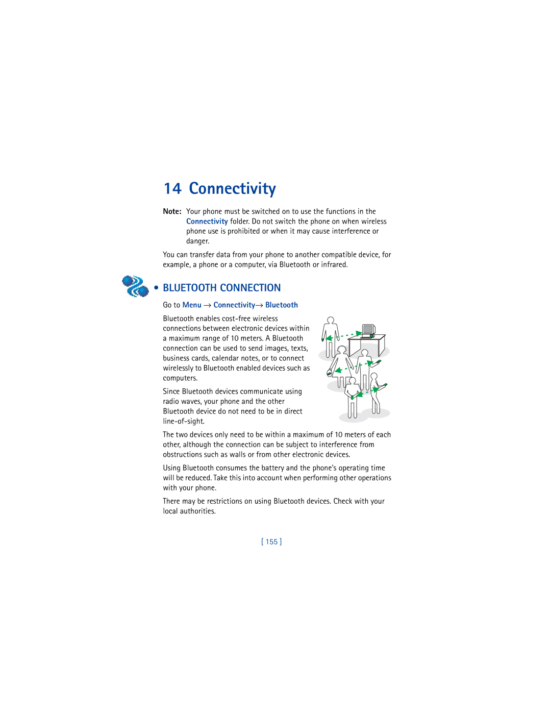 Nokia 3650 manual Bluetooth Connection, Go to Menu → Connectivity→ Bluetooth, 155 