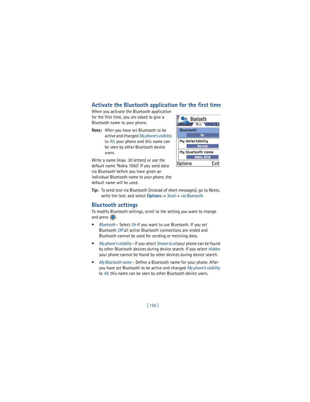 Nokia 3650 manual Activate the Bluetooth application for the first time, Bluetooth settings, 156 
