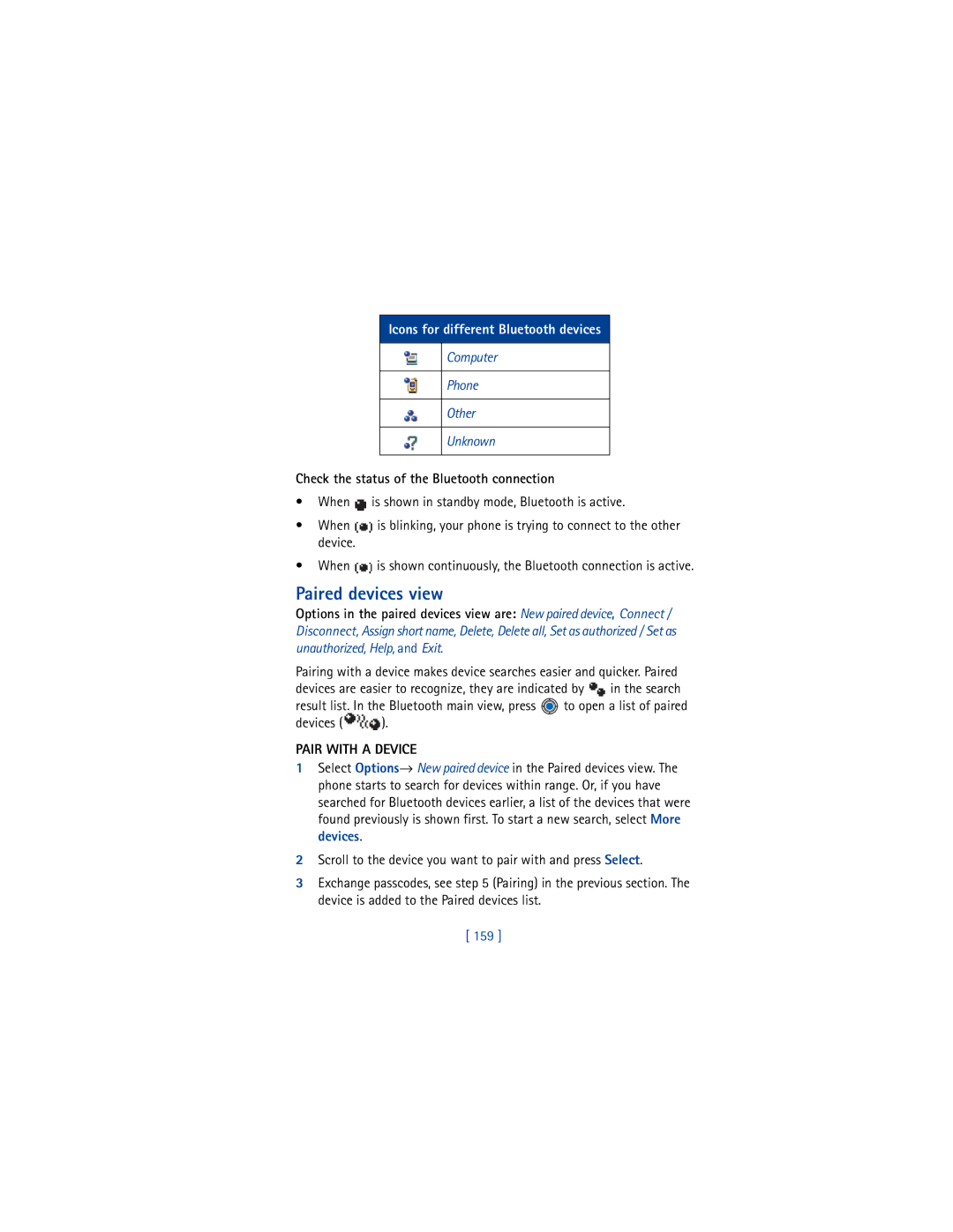 Nokia 3650 manual Paired devices view, Computer Phone Other Unknown, Check the status of the Bluetooth connection, 159 