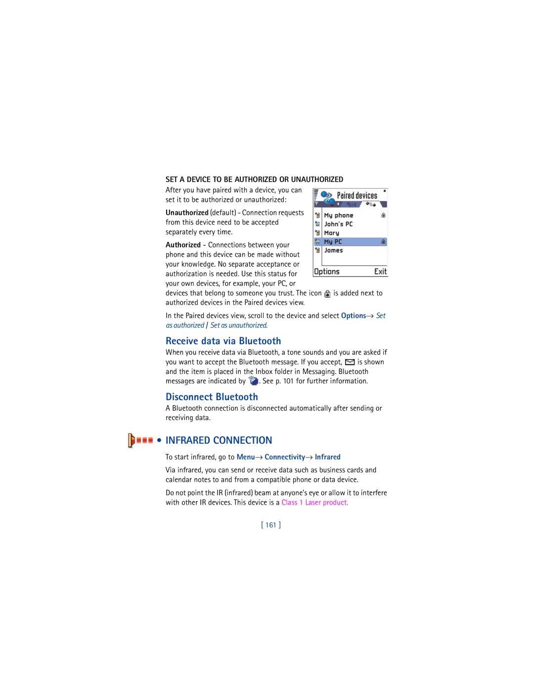 Nokia 3650 manual Receive data via Bluetooth, Disconnect Bluetooth, Infrared Connection, 161 