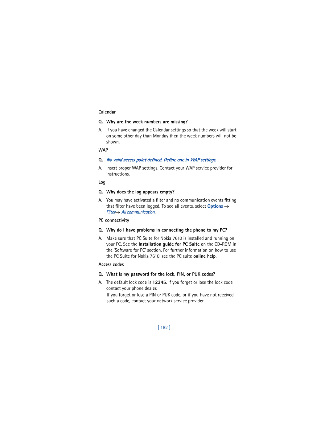 Nokia 3650 manual Calendar Why are the week numbers are missing?, Wap, Log Why does the log appears empty?, 182 