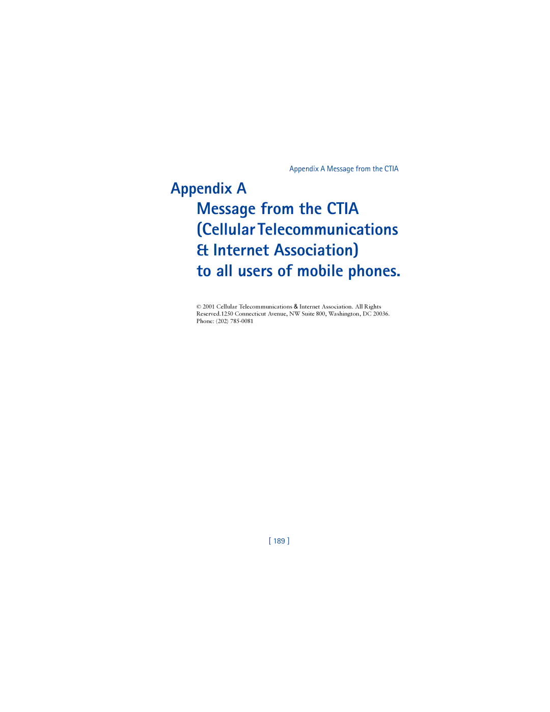 Nokia 3650 manual To all users of mobile phones, Appendix a Message from the Ctia, 189 