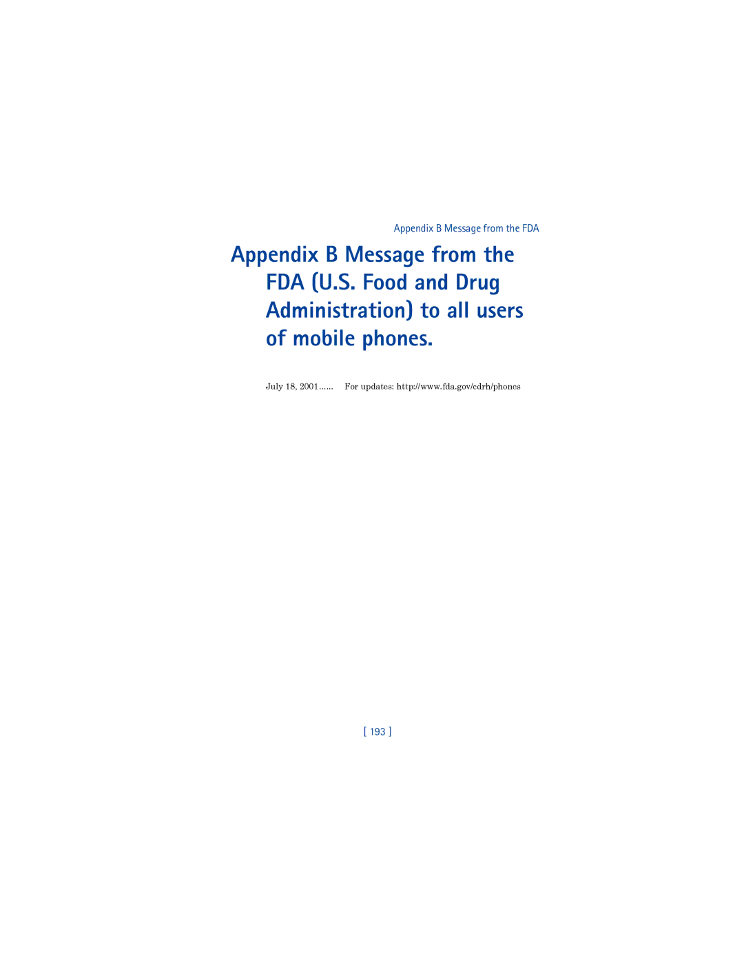 Nokia 3650 manual Appendix B Message from the FDA, 193 