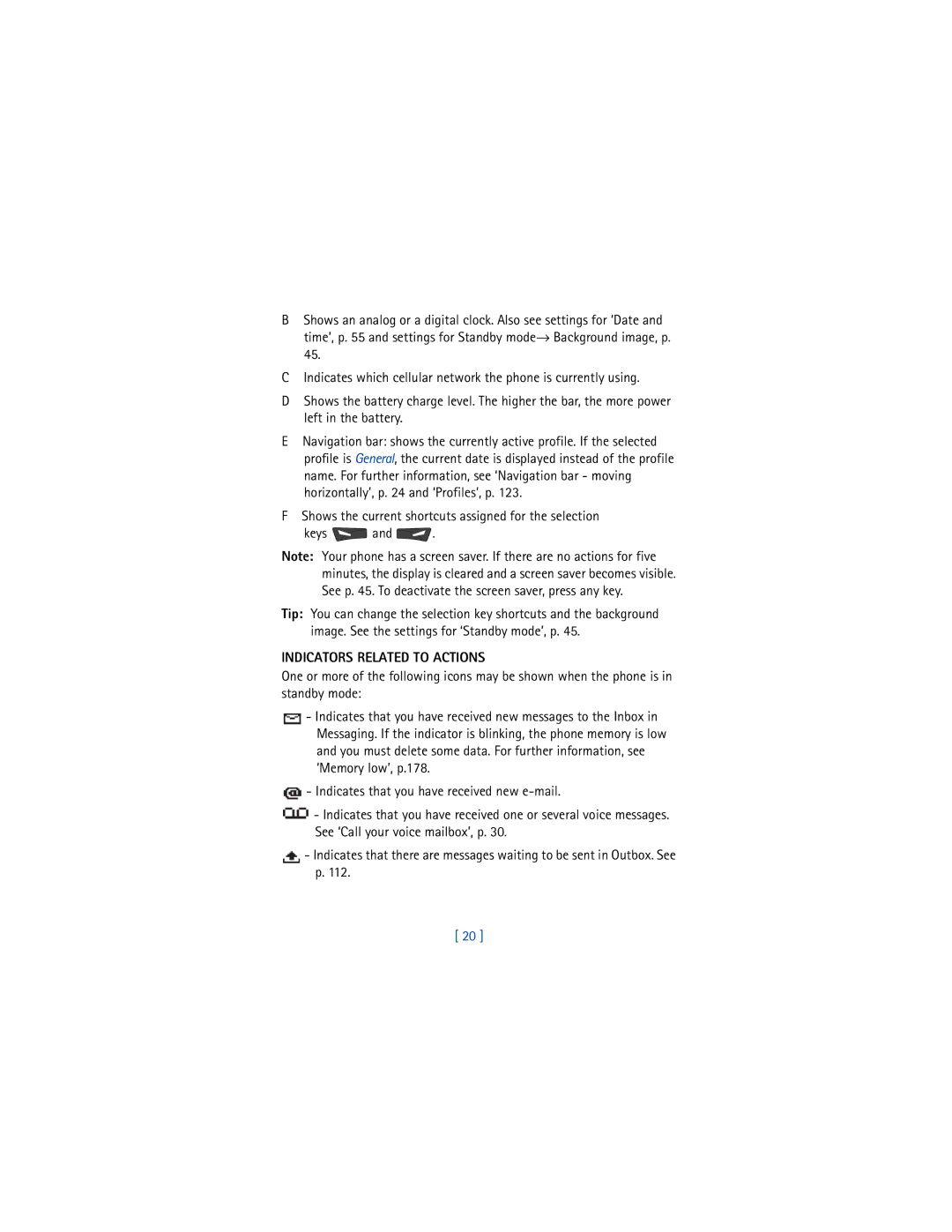 Nokia 3650 manual Shows the current shortcuts assigned for the selection Keys, Indicators Related to Actions 