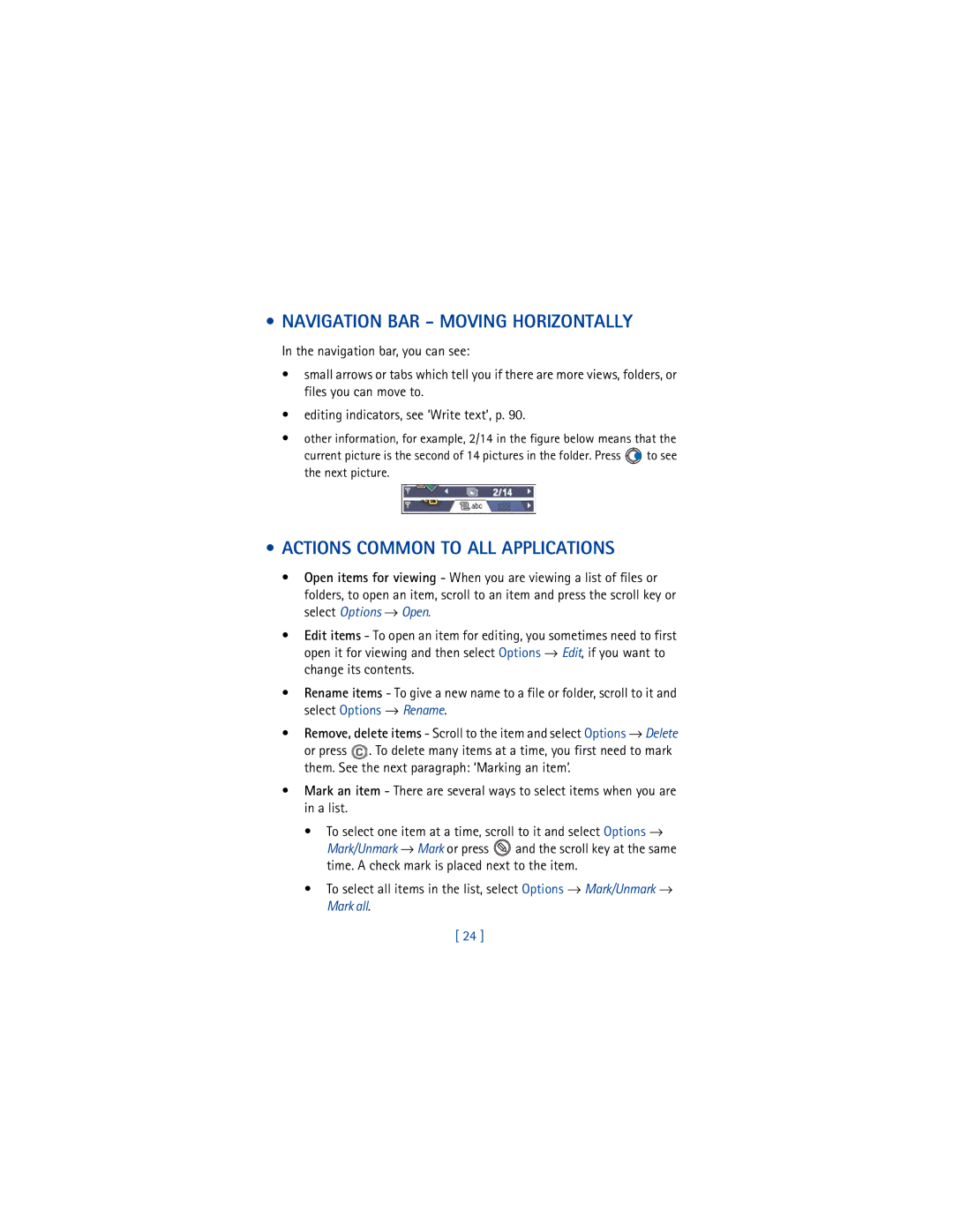 Nokia 3650 manual Navigation BAR Moving Horizontally, Actions Common to ALL Applications 