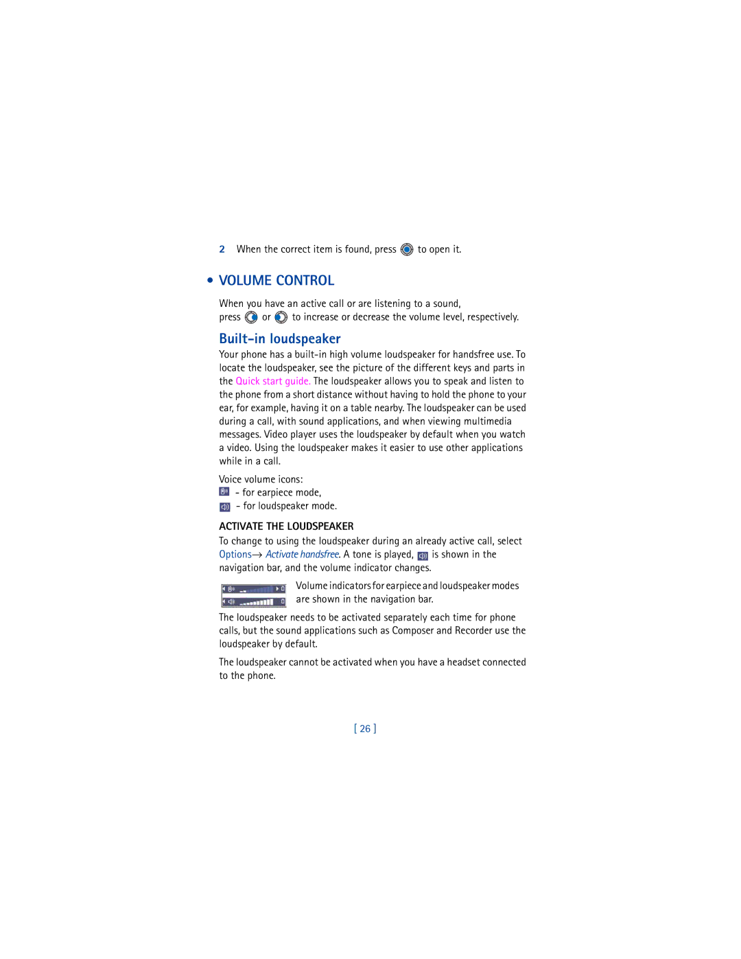 Nokia 3650 manual Volume Control, Built-in loudspeaker, When the correct item is found, press to open it 