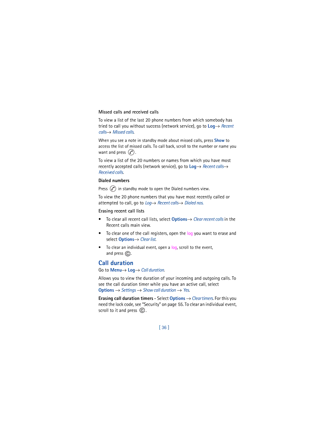 Nokia 3650 manual Call duration, Missed calls and received calls, Dialed numbers, Erasing recent call lists 