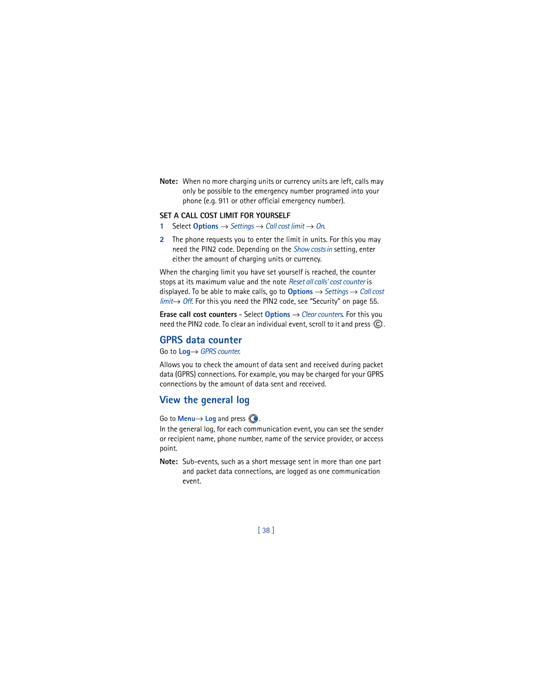 Nokia 3650 manual Gprs data counter, View the general log, SET a Call Cost Limit for Yourself, Go to Log→ Gprs counter 