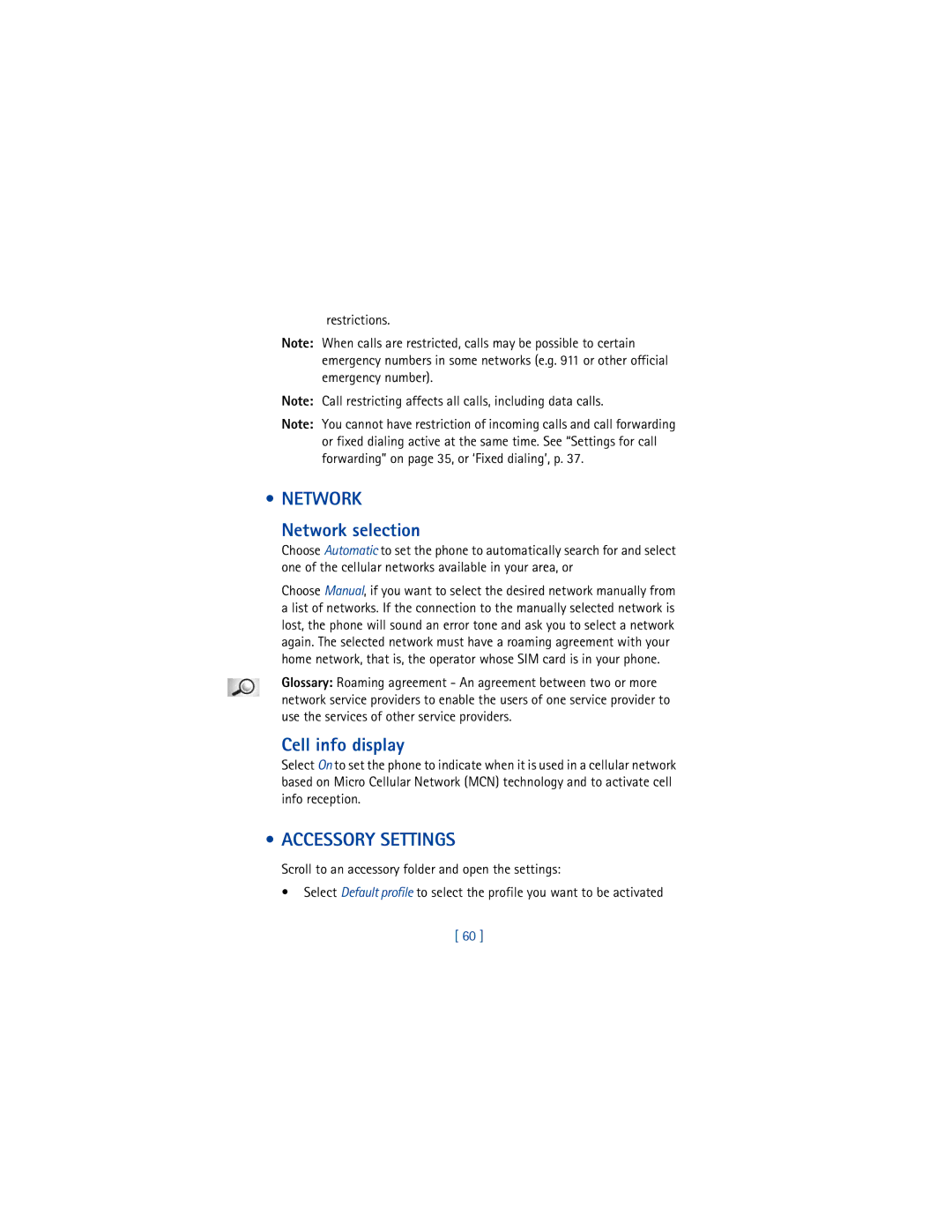 Nokia 3650 manual Network selection, Cell info display, Accessory Settings, Restrictions 