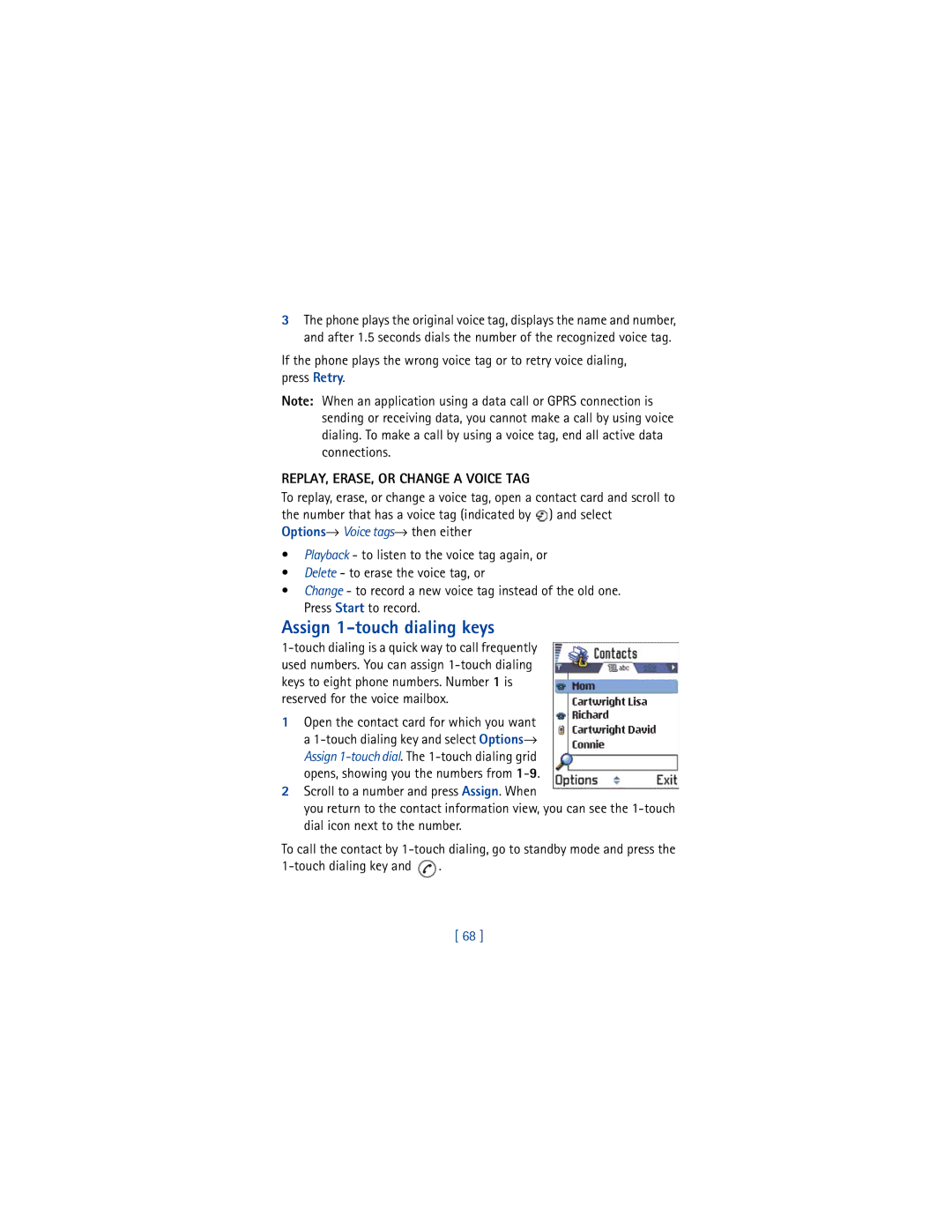 Nokia 3650 manual Assign 1-touch dialing keys, REPLAY, ERASE, or Change a Voice TAG 
