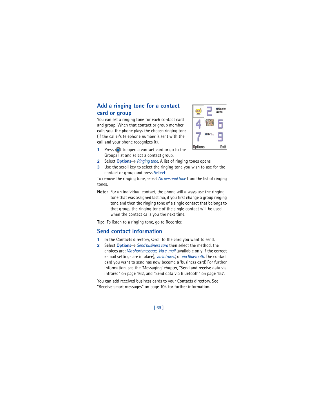 Nokia 3650 manual Add a ringing tone for a contact card or group, Send contact information 
