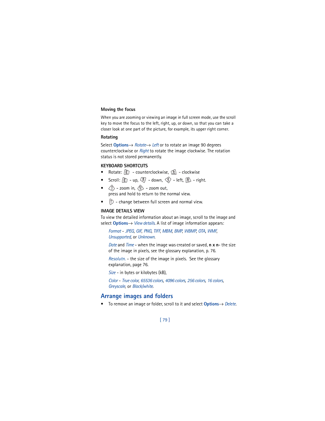 Nokia 3650 manual Arrange images and folders, Moving the focus, Rotating, Keyboard Shortcuts, Image Details View 